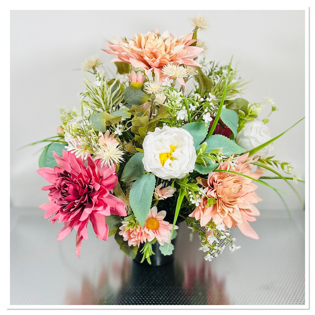 Artificial Pink Dahlia Cemetery Pot Flower Arrangement Grave Etsy UK
