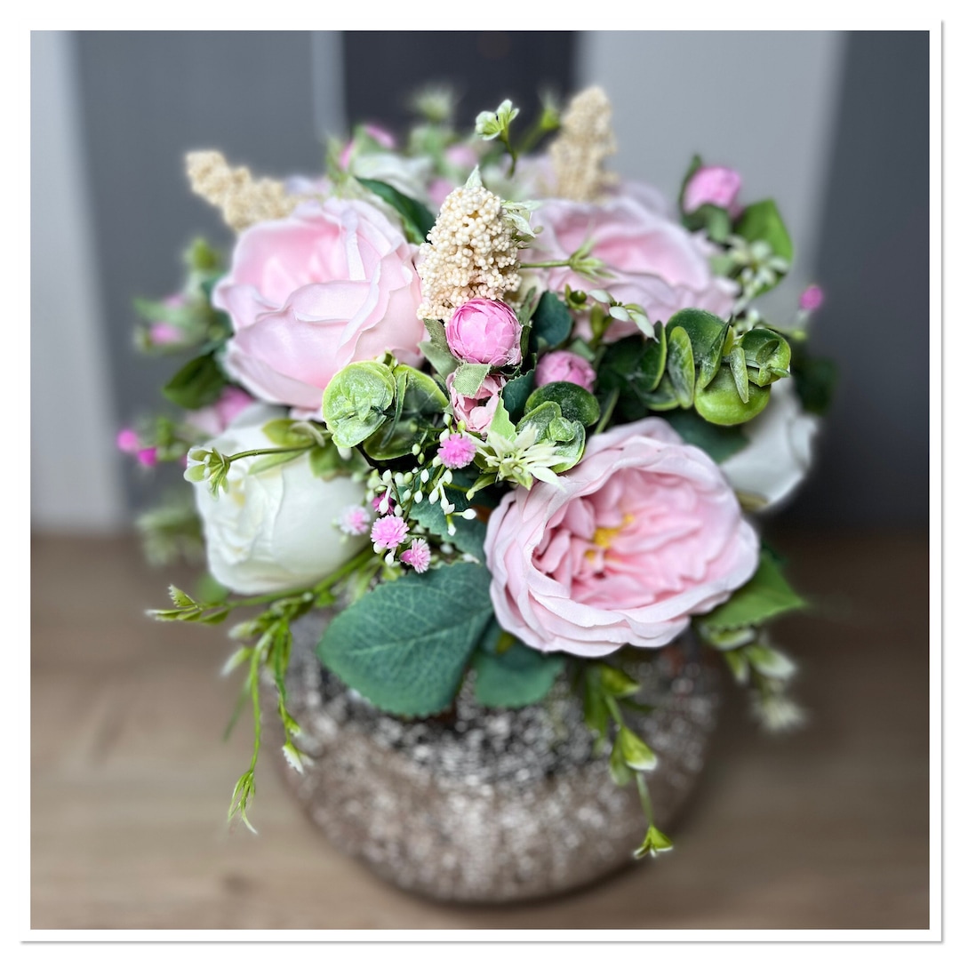 Handmade Artificial Flower Arrangement With Rose Gold Crackle