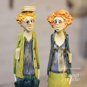 Standing ceramic figurines, Hand made bridal gift, Ceramic sculptures, Valentine&#39;s Gift, Anniversary gift, Wedding gift, couple with books.