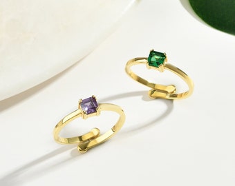 Gold Plated Sterling Silver Cz Simulated Square  Emerald Color Ring- Adjustable Ring-Stone Ring-Dainty Ring-Silver Ring