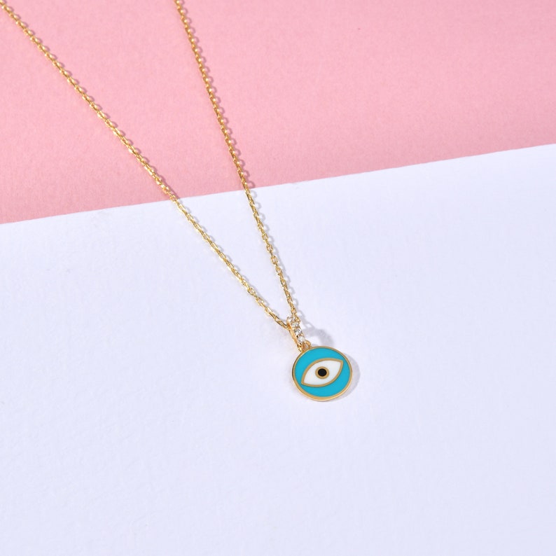 Minimalist Evil Eye Silver Necklace-Turquoise Enameled Silver Necklace-Protection Sterling Silver Necklace