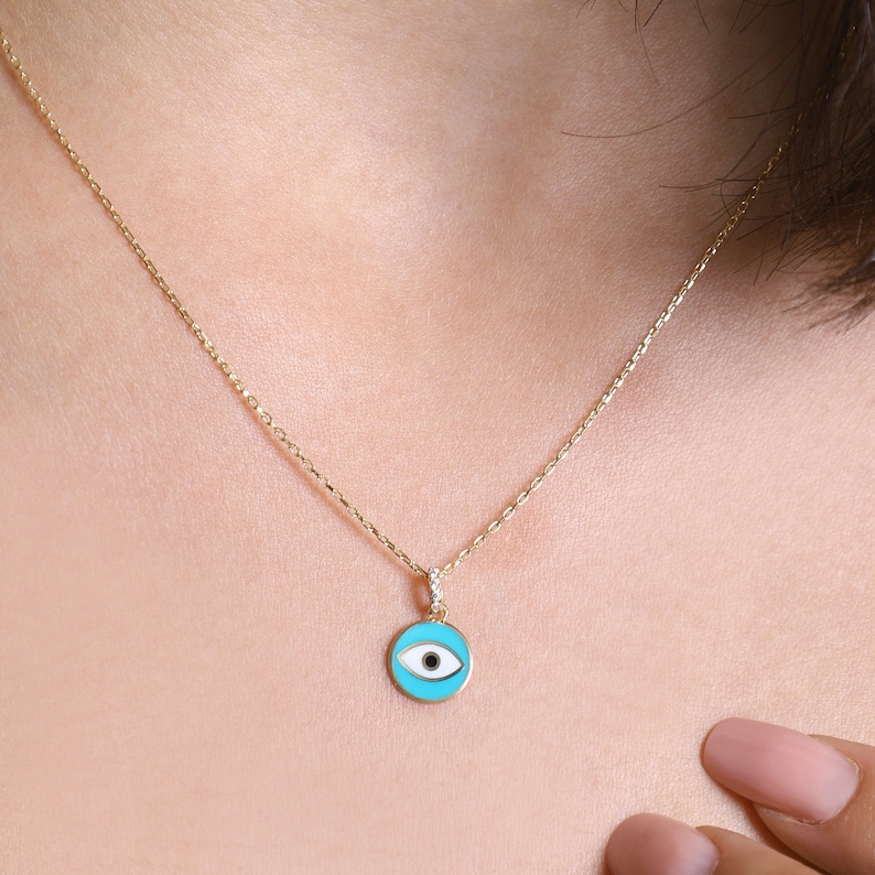 Minimalist Evil Eye Silver Necklace-Turquoise Enameled Silver Necklace-Protection Sterling Silver Necklace