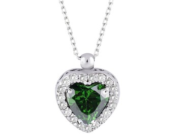 Dainty Silver Heart Necklace-Love Necklace-Emerald Stone Heart Necklace-Valentines Day -Gift For Her