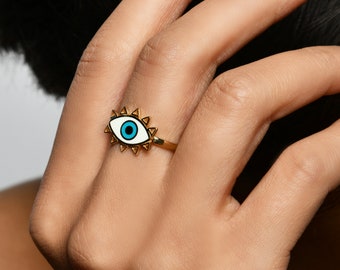 Evil Eye Sterling Silver Turquoise Ring - Gold Plated Stackable Dainty Ring