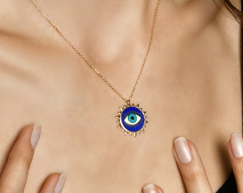 Evil Eye Dainty Necklace Sterling Silver Sun Pendant Necklace - Dainty Protection Necklace Evil eye necklace - Sun Evil Eye Necklace