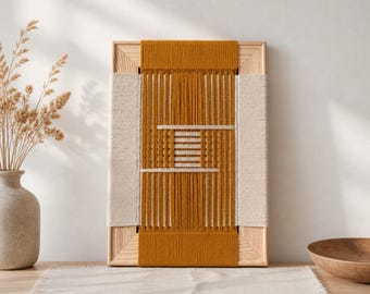 Mustard Yellow Textile Wall Art – Geometric Woven Art in Wood Frame