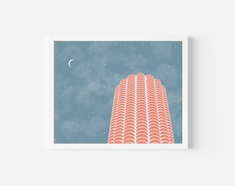 Marina Tower Illustration, Architecture, Art Print, Wall Art, Home Decor, Travel Print, Chicago Art, Design Gift, Holiday Gift