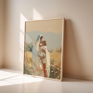 May include: A painting depicting a woman in a white robe holding a child. The woman is gazing down at the child, who is looking up at her. The painting is set against a backdrop of a field of flowers.