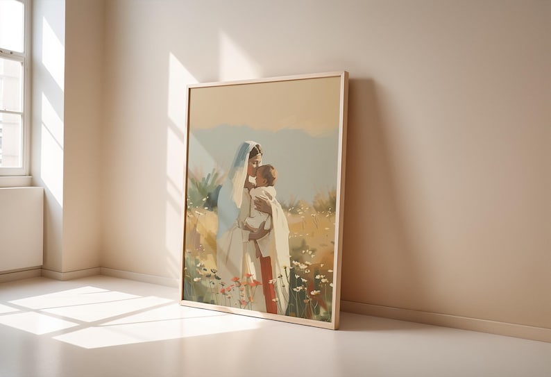 May include: A painting depicting a woman in a white robe holding a child. The woman is gazing down at the child, who is looking up at her. The painting is set against a backdrop of a field of flowers.
