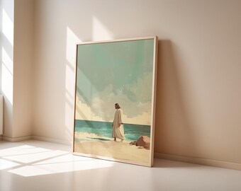 Jesus by the Sea Print: Minimalist Christian Wall Art (Digital Print)