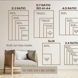 May include: A wall art size guide with different ratios and measurements in inches and centimetres. The guide shows the different sizes of wall art that can be used for different ratios, such as 2:3, 3:4, 4:5, and 5:7. The guide also includes the standard ISO A1-A4 sizes.