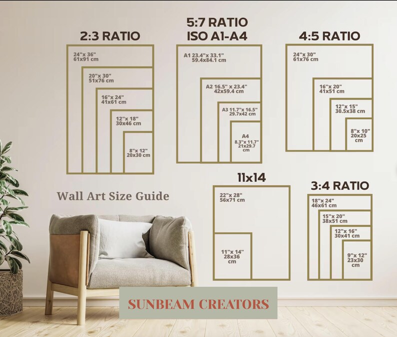 May include: A wall art size guide with different ratios and measurements in inches and centimetres. The guide shows the different sizes of wall art that can be used for different ratios, such as 2:3, 3:4, 4:5, and 5:7. The guide also includes the standard ISO A1-A4 sizes.