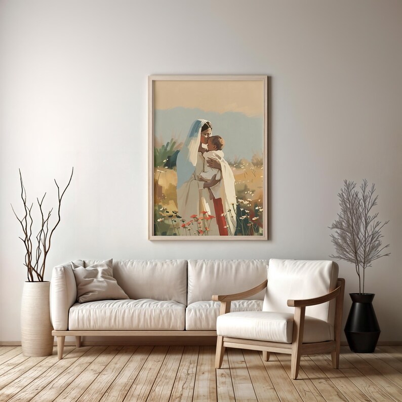 May include: A painting of a woman in a white robe holding a child in her arms. The woman and child are standing in a field of flowers.