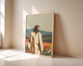 Jesus in Wildflower Field Print: Boho Christian Nursery Art (Digital Poster)