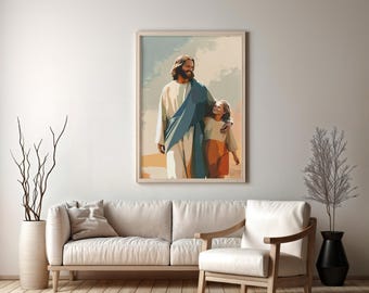 Jesus and Child Print: Joyful Christian Nursery Wall Art