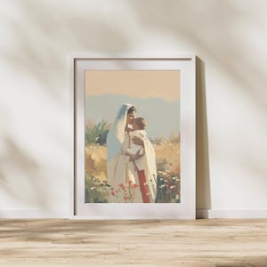 May include: A painting of a woman in a white robe holding a baby in her arms. The woman is looking down at the baby and the baby is looking up at the woman. They are standing in a field of flowers.