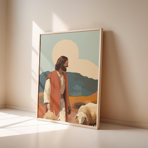 The Good Shepherd Modern Christian Print – Minimalist Jesus with Sheep Wall Art – Boho Faith-Based Poster for Home or Church Decor