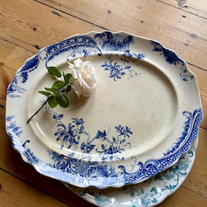Antique Victorian Floral Blue and White Meat Plate Platter