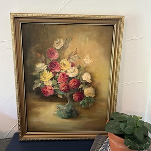 Vintage signierte Blumen Stillleben Rosen Ölgemälde
