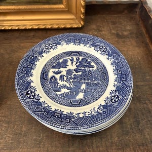 Vintage W Adams & Sons Old Willow Blue 4x Dessert Cake Plates 1930s