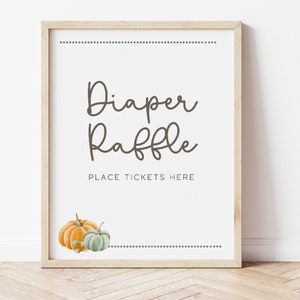 Carte et enseigne pour tirage au sort de couches citrouilles imprimables pour baby showers sur le thème de l'automne et de l'automne, jeux de baby shower, jeux de fête révélateurs de genre, PP109