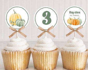 May include: Three round cupcake toppers on sticks with beige ribbons. The first shows yellow and green pumpkins, the second a large green number 3, and the third orange pumpkins with the text Hayden IS THREE! in green font.