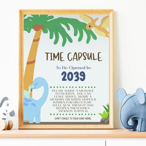 Cápsula do tempo de aniversário, dinossauro editável - Sinal de aniversário personalizado do Dino - Cápsula do tempo da festa de aniversário do menino - Para impressão - PP103
