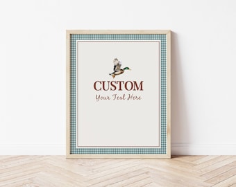 Puede incluir: Una impresión enmarcada con un borde a cuadros azul y blanco. La impresión presenta un pato volando y el texto "CUSTOM Your Text Here".