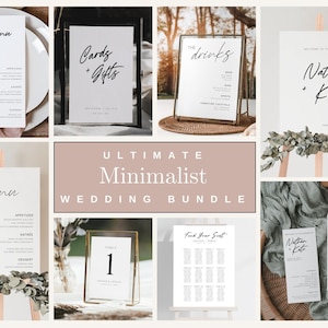 Minimalist Wedding Bundle Template, Editable Wedding and Reception Signs, Modern Script, Bar Menu, Table Number, Welcome and Send Off Signs