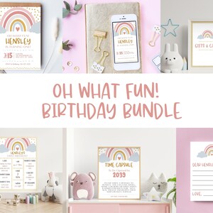 Ensemble d'anniversaire arc-en-ciel - Invitation, affiche d'étape, capsule temporelle et signe de cadeaux et de cartes - Premier anniversaire - Bébé arc-en-ciel - Rose - PP101