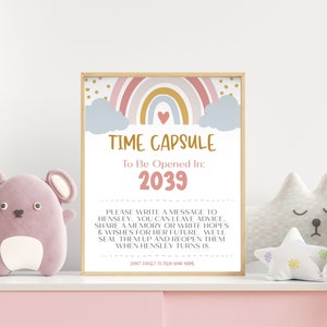 Cápsula do tempo de aniversário com tema arco-íris, jogos de festa de aniversário, lembrança de bebê arco-íris, atividades de aniversário de menina, primeiro aniversário - PP101