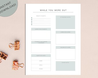 Paquete de notas para profesores sustitutos - Diseño minimalista - Profesor de notas secundarias imprimible - Recursos para profesores secundarios - Ideas para profesores sustitutos