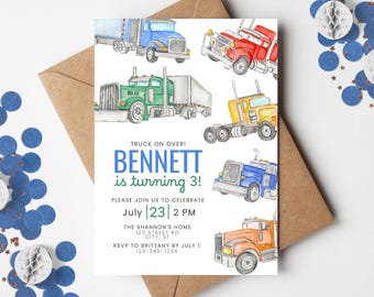 Semi-Truck Birthday Party Invitation, Template, Trucker Birthday Invite, Tractor Trailer Birthday Party, Truck Birthday Invite: PP125