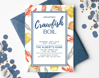May include: A rectangular invitation card featuring a watercolor border of crawfish, corn, and onions. The text reads: JOIN US FOR A Crawfish BOIL, SATURDAY, SEPT. 29TH 6:00 - 8:30 PM, THE ALBERT'S HOME, 401 ANY STREET RD. CITY. ST 12345, PLEASE RSVP TO SUZI: BY SEPT. 3RD: 123-123-1234.