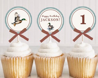 Plantilla para decoración de cupcakes con forma de pato de la suerte, decoración de cumpleaños con temática de pato, decoración de cumpleaños de caza, primer cumpleaños de niño, PP113
