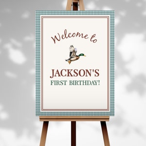 One Lucky Duck Birthday Party Welcome Sign, Editable Template, Boy First Birthday, Duck Hunting Party, Duck Birthday Decor,  PP113