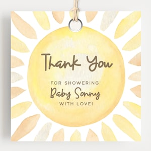 Ecco che arriva il figlio Baby Shower Tag, modello modificabile, etichetta di ringraziamento a tema sole, etichetta regalo per baby shower, ecco che arriva il sole, PP114