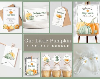 May include: Printable pumpkin birthday party decorations in orange, green, and brown with the text "Our Little Pumpkin" and "Hayden's 3rd Birthday Party!"
