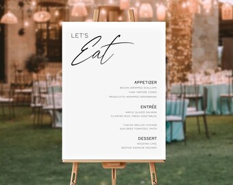 Moderne poster trouwmenu - Let's Eat - bord receptie buffet - dinermenu modern script - bewerkbaar aangepast trouwmenu - 8 x 10, 18 x 24, A1