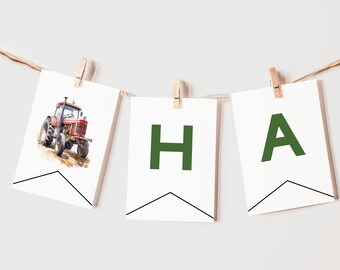 May include: Three white rectangular pennants hanging from a string with wooden clips. The first pennant features a watercolor illustration of a red tractor. The second and third pennants display the large green capital letters H and A.