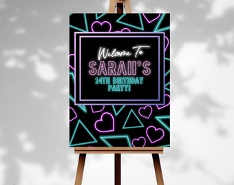 Glow Birthday Party Welcome Sign, Editable Template, Teen Bday Sign, Neon Birthday Poster, Glow In The Dark Party, Let's Glow,  PP111