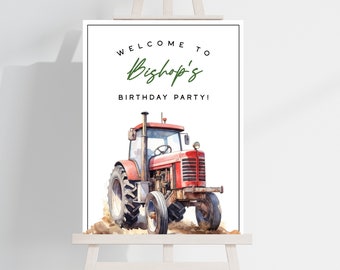 Roter Traktor Geburtstag Willkommensschild, Geburtstagsschild zum Thema Bauernhof, bearbeitbare Vorlage, Geburtstagsplakat, PP108