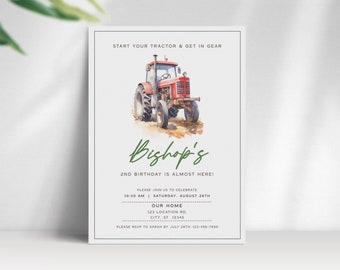 Puede incluir: Una tarjeta de invitación rectangular blanca con una ilustración en acuarela de un tractor rojo en la parte superior. El texto dice: START YOUR TRACTOR & GET IN GEAR, Bishop's 2ND BIRTHDAY IS ALMOST HERE!, e incluye los detalles del evento.