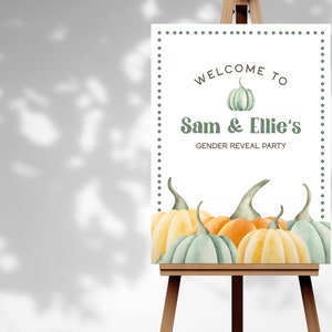 Pumpkin Gender Reveal Party Welcome Sign, Editable Template, Fall Themed Gender Reveal, Autumn Gender Reveal Party, PP109