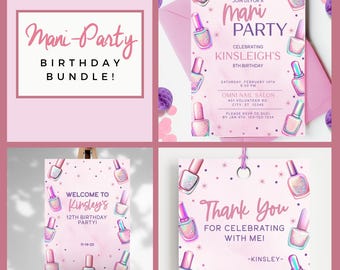 Mani Birthday Party Template Bundle - Invitation, Welcome Poster and Party Favor Tag, Mani-Pedi Party Bundle, Glam Party, Spa Party, PP116