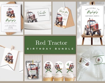 May include: A red tractor birthday party stationery bundle featuring watercolor illustrations of a red tractor. Includes an invitation, food labels, thank you tags, welcome sign, banner flags, juice pouch labels, cupcake toppers, and water bottle labels.