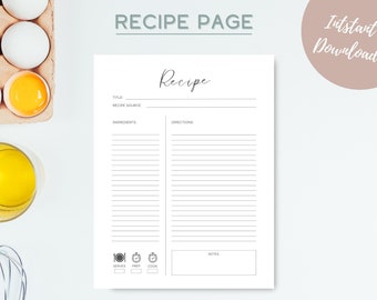 May include: Printable recipe page template with sections for title, recipe source, ingredients, directions, notes, and serving size, prep time, and cook time. The template has a minimalist design with black lines and text.