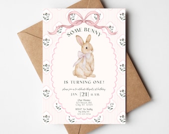 Some Bunny Birthday Party Invitation - Pink, Template, Some Bunny is One, Easter Birthday Party, Floral Bunny Invite, Rabbit Birthday: PP126