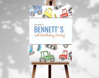 Letrero de bienvenida para fiesta de cumpleaños de construcción, plantilla editable, letrero de bienvenida de camión volquete, decoración para fiesta de construcción, póster de bienvenida, PP121