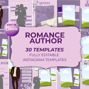 May include: A collection of 30 editable Instagram templates for romance authors, featuring a purple color palette. The designs include layouts for character reveals, quotes, and trope reveals, with placeholders for book covers and text.